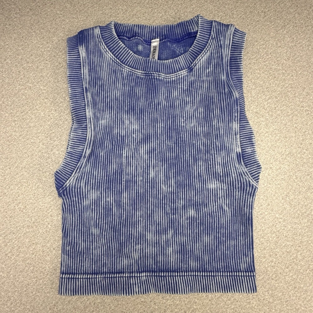 Zenana Blue Mineral Wash Ribbed Knit Crop Tank Top NTW-6164A S/M
